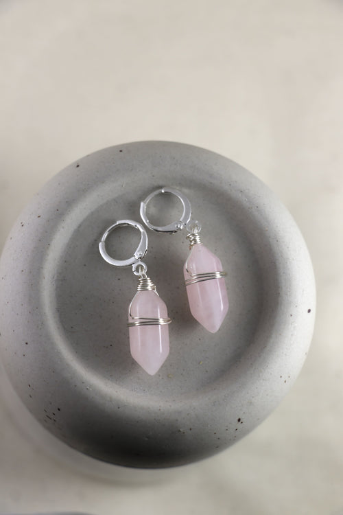 I AM love - Boucles d'oreilles Quartz Rose Double Pointes Argent